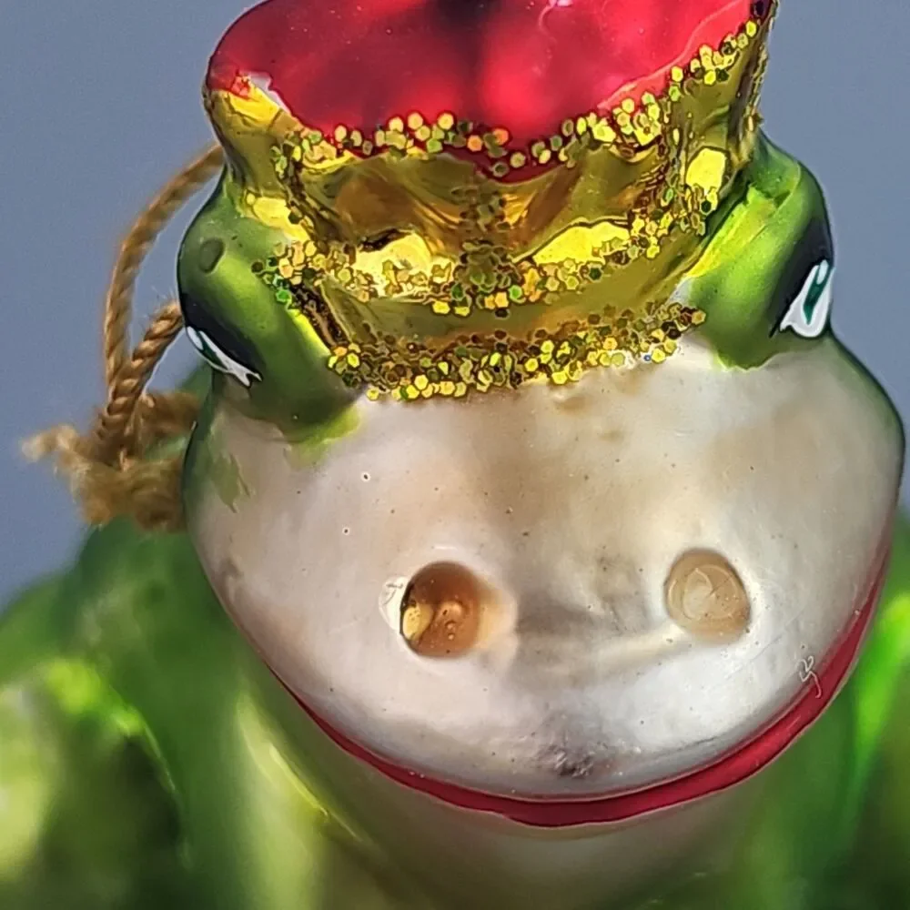 Blown Glass Frog Christmas Ornament Light Green Crown 3 inch